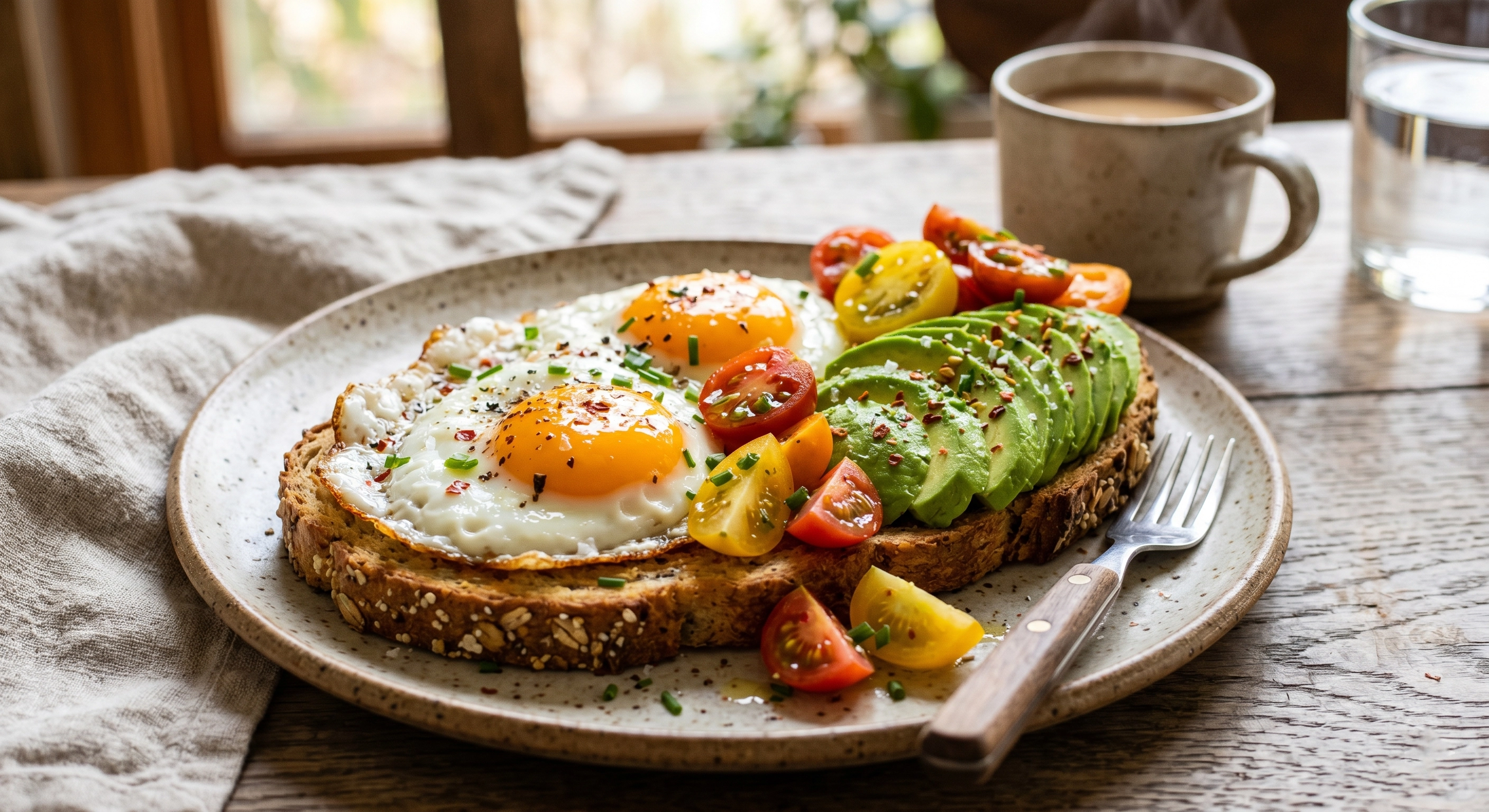 Whole grain sourdough toast served with eggs, avocado, and tomatoes