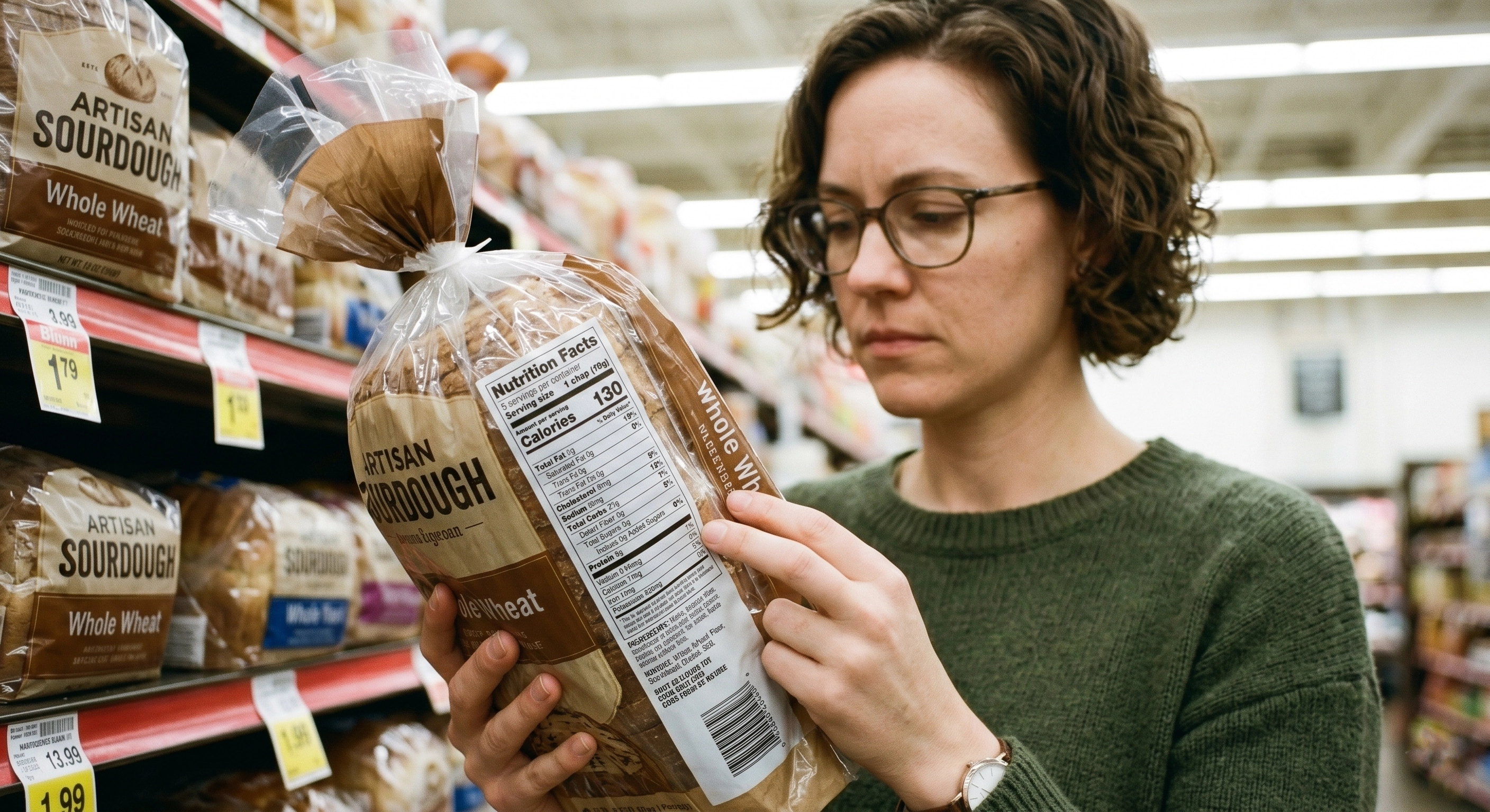 Person checking the nutrition label on a loaf of sourdough bread