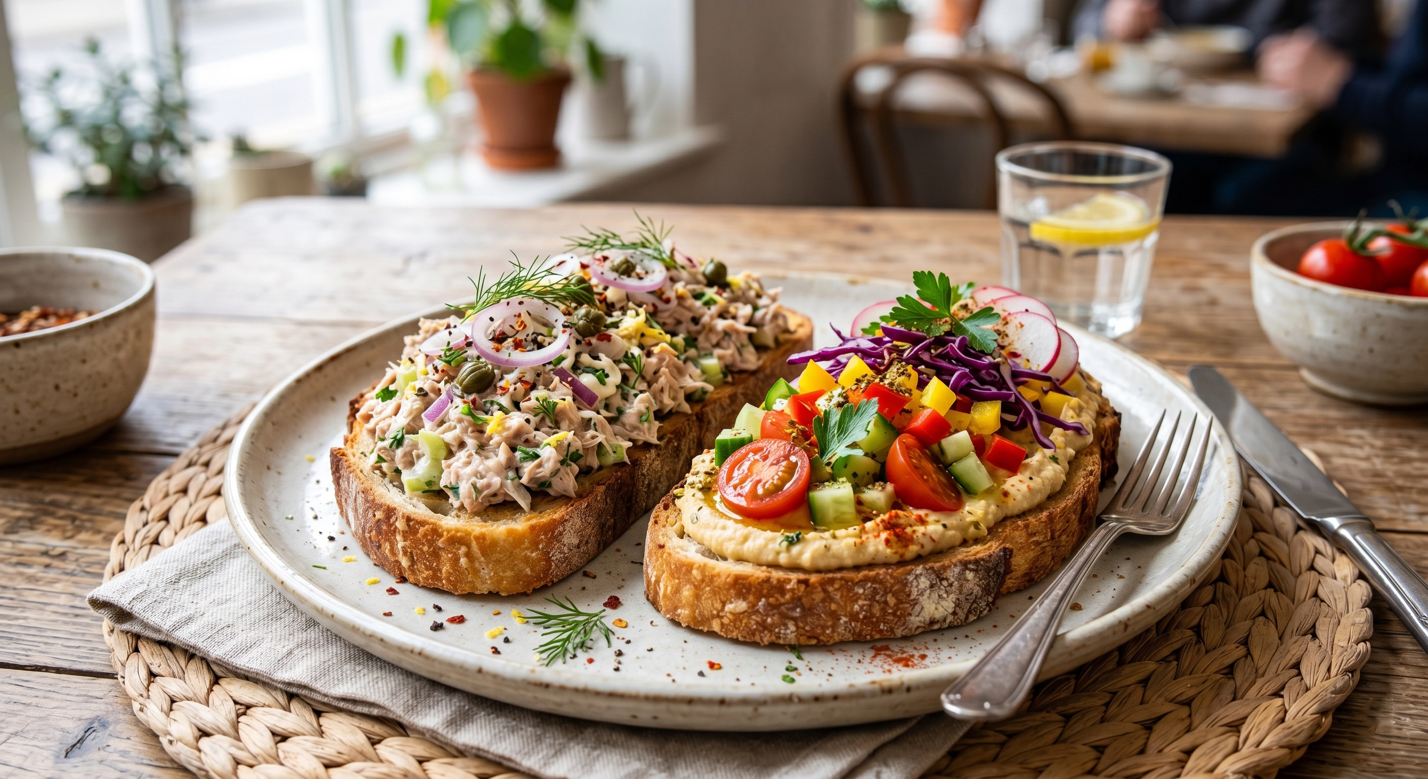 Open-faced sourdough toast with protein and fresh vegetables