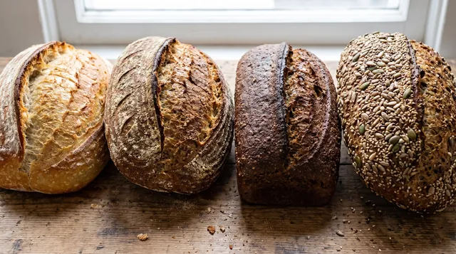 Different types of sourdough bread including white, whole grain, rye, and seeded loaves