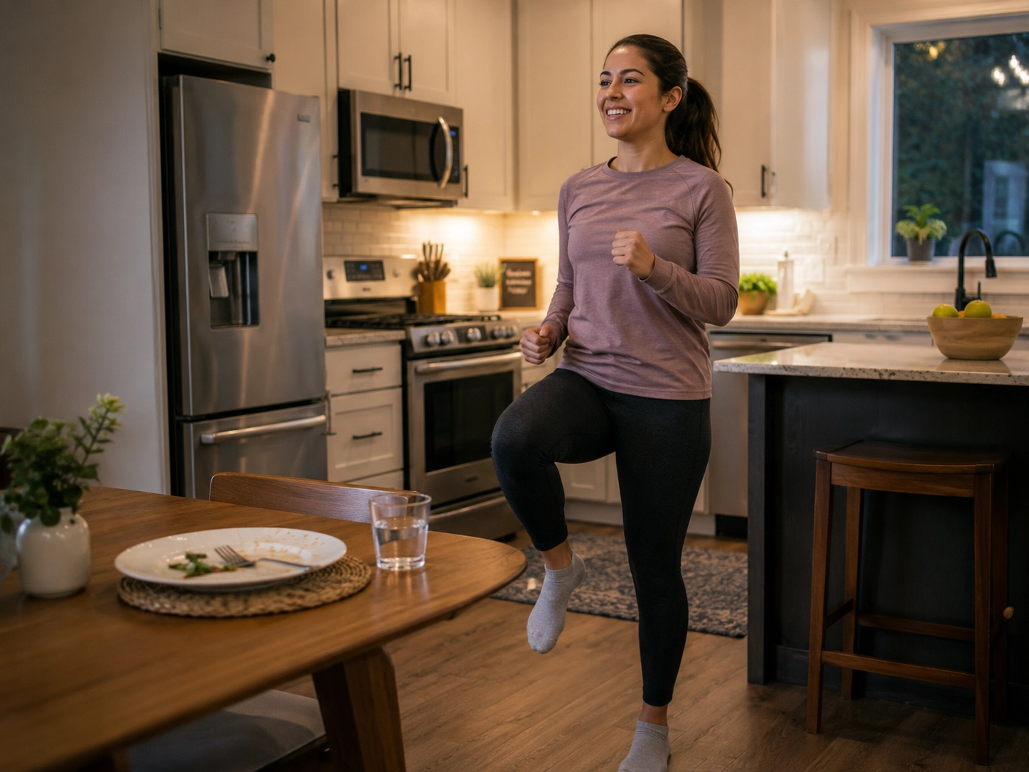 Person doing gentle movement in the kitchen after eating