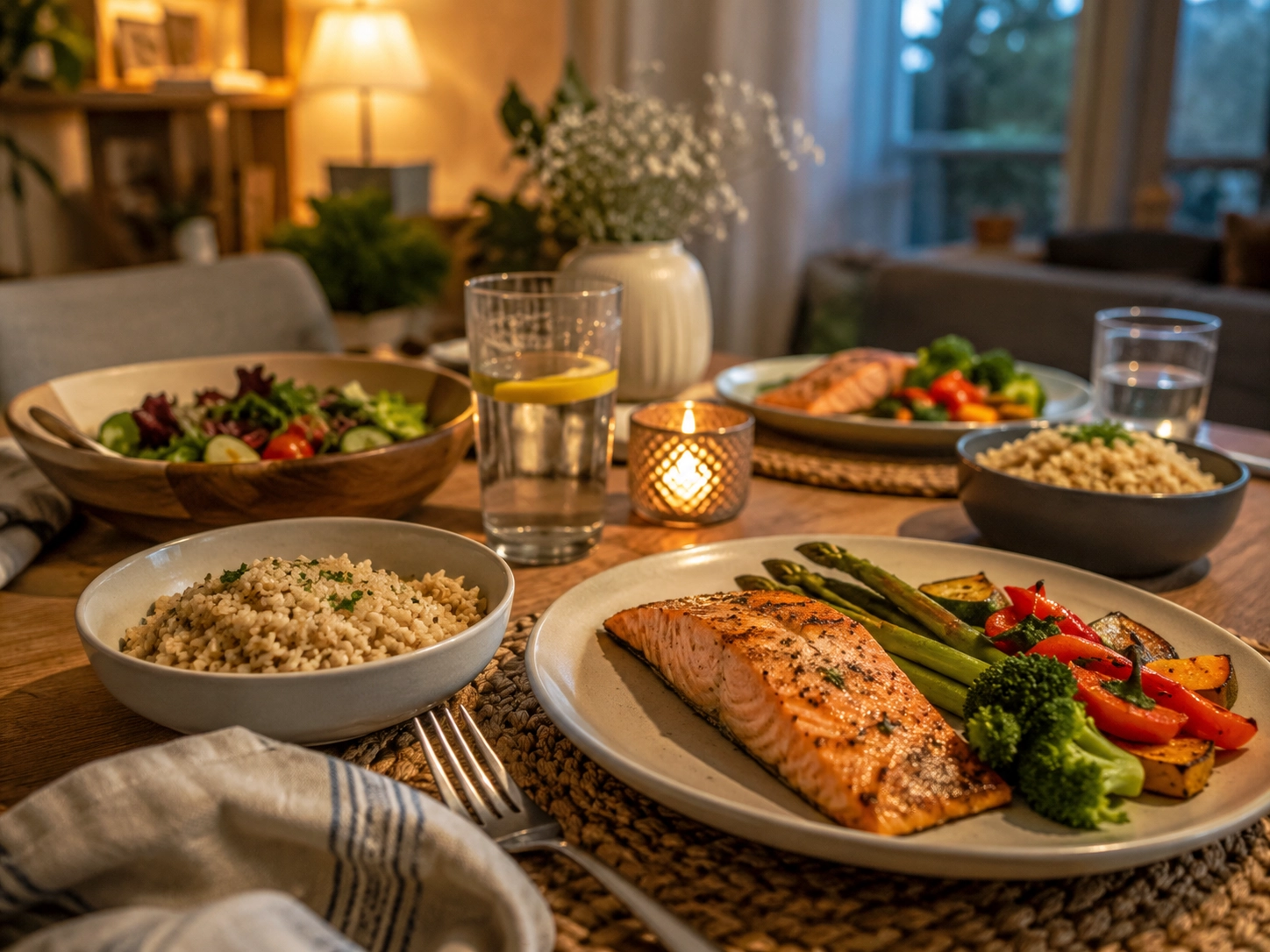 Balanced meal with vegetables protein and whole grains for steady energy