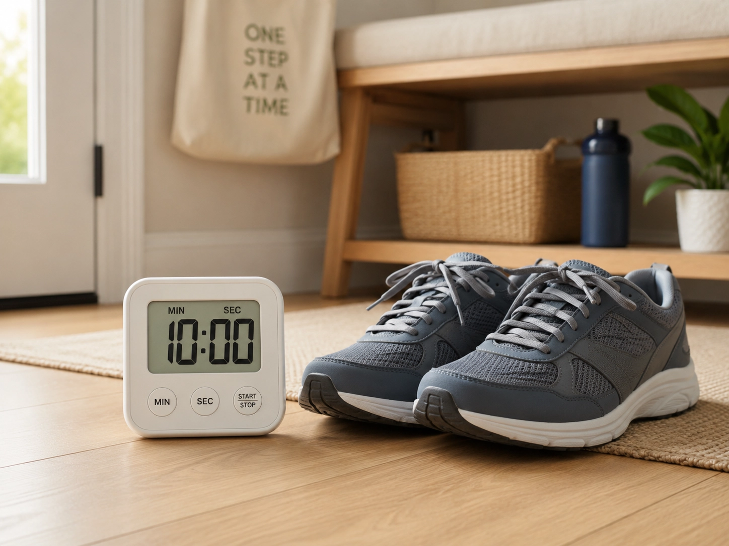 Ten minute timer beside walking shoes for post meal movement
