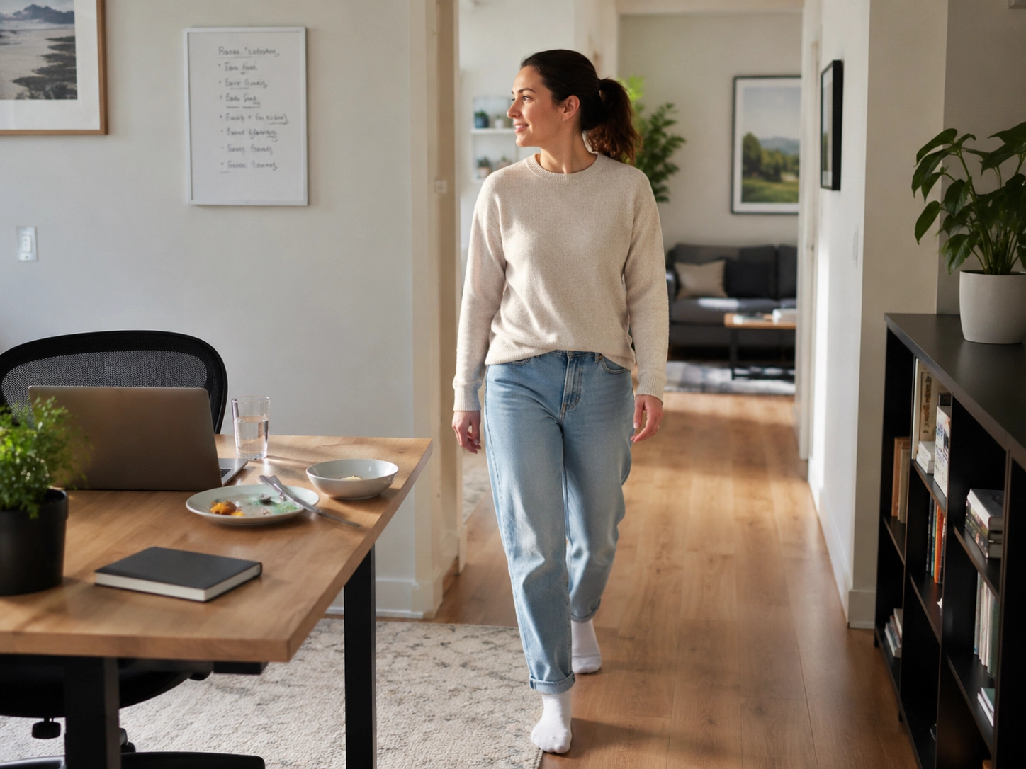 Person walking indoors after lunch during a work from home day