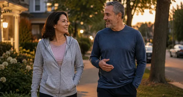 Couple taking a short walk after dinner for a healthy evening routine 