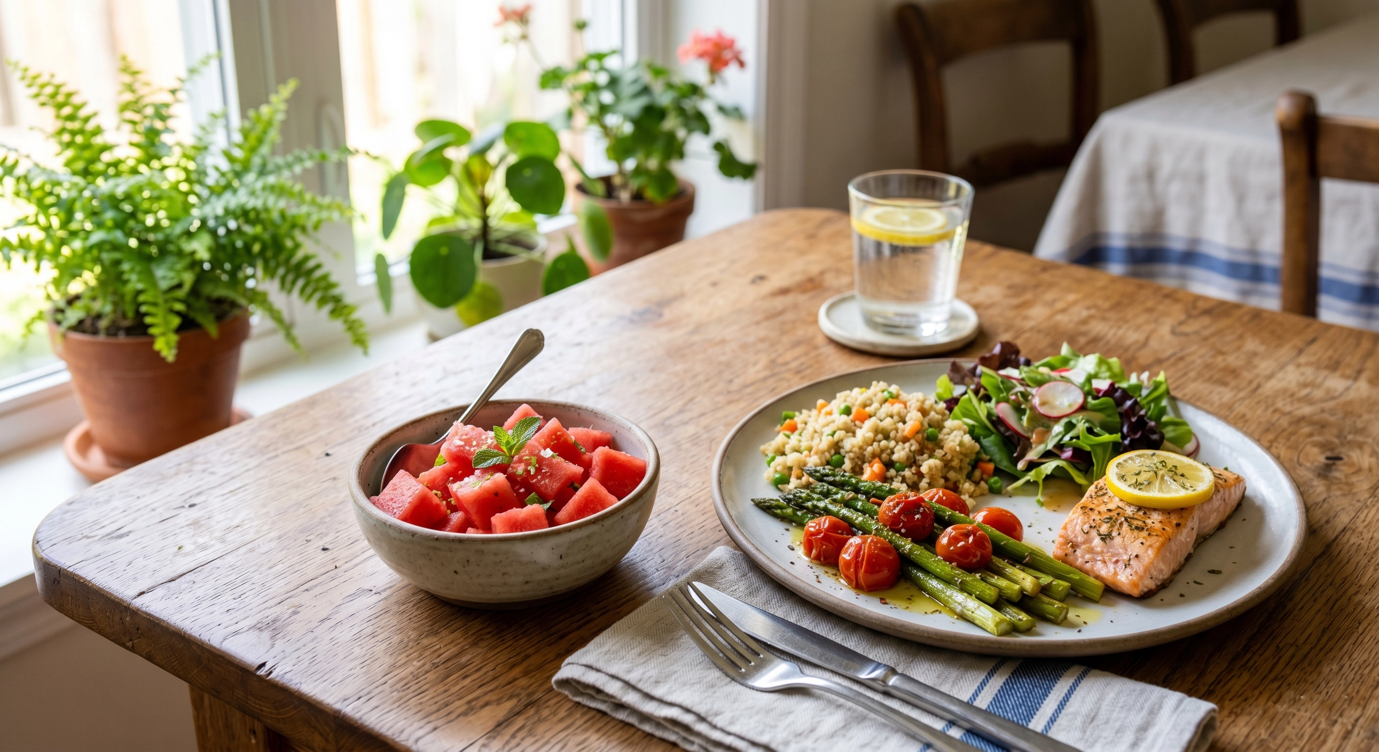 Small bowl of diced watermelon served with a balanced meal