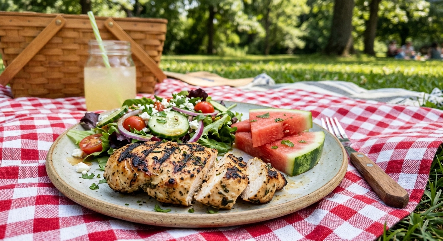 2.	Summer meal plate with salad, grilled protein, and a small portion of watermelon.