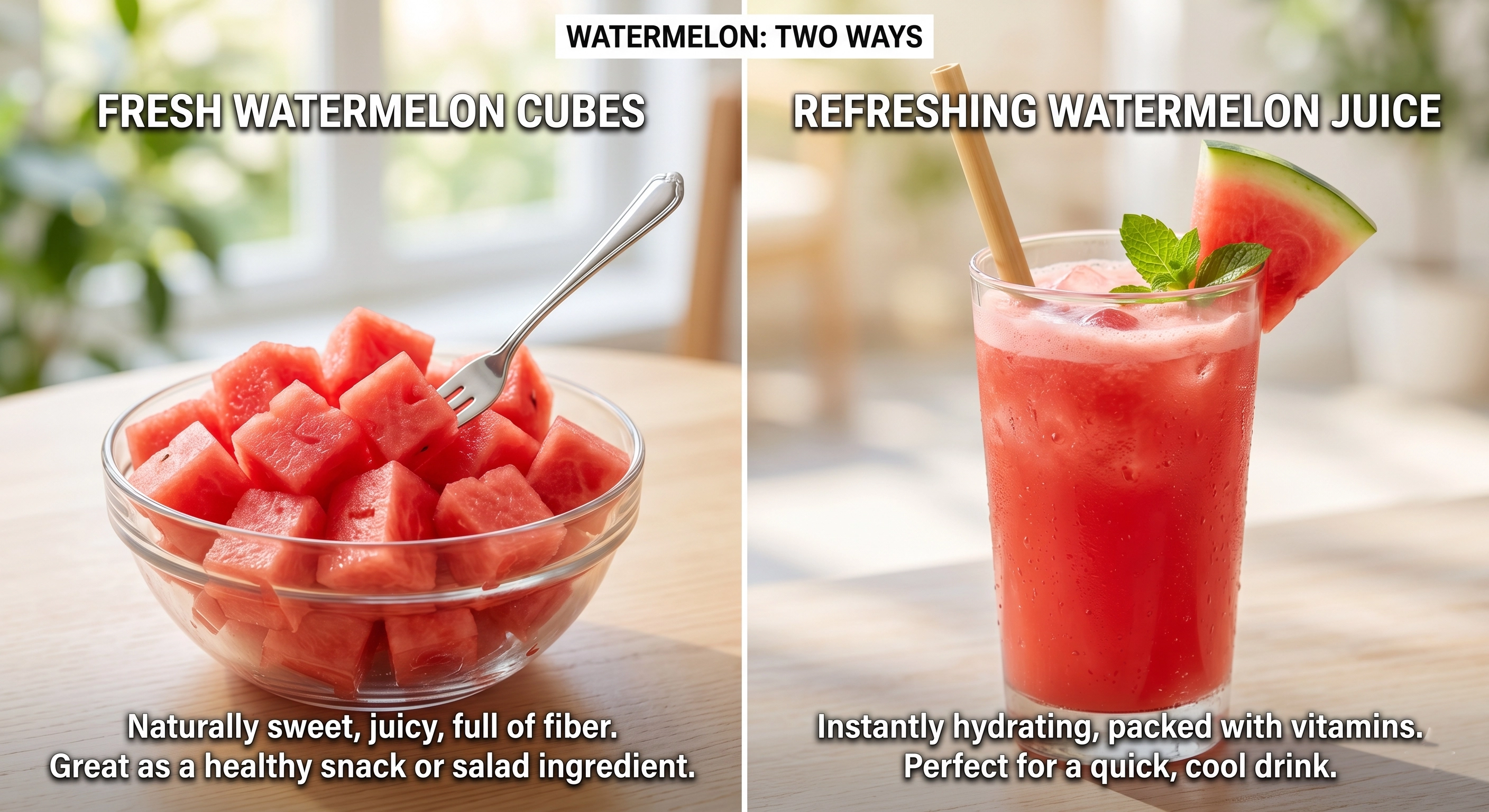 Fresh watermelon cubes beside a glass of watermelon juice for portion comparison.