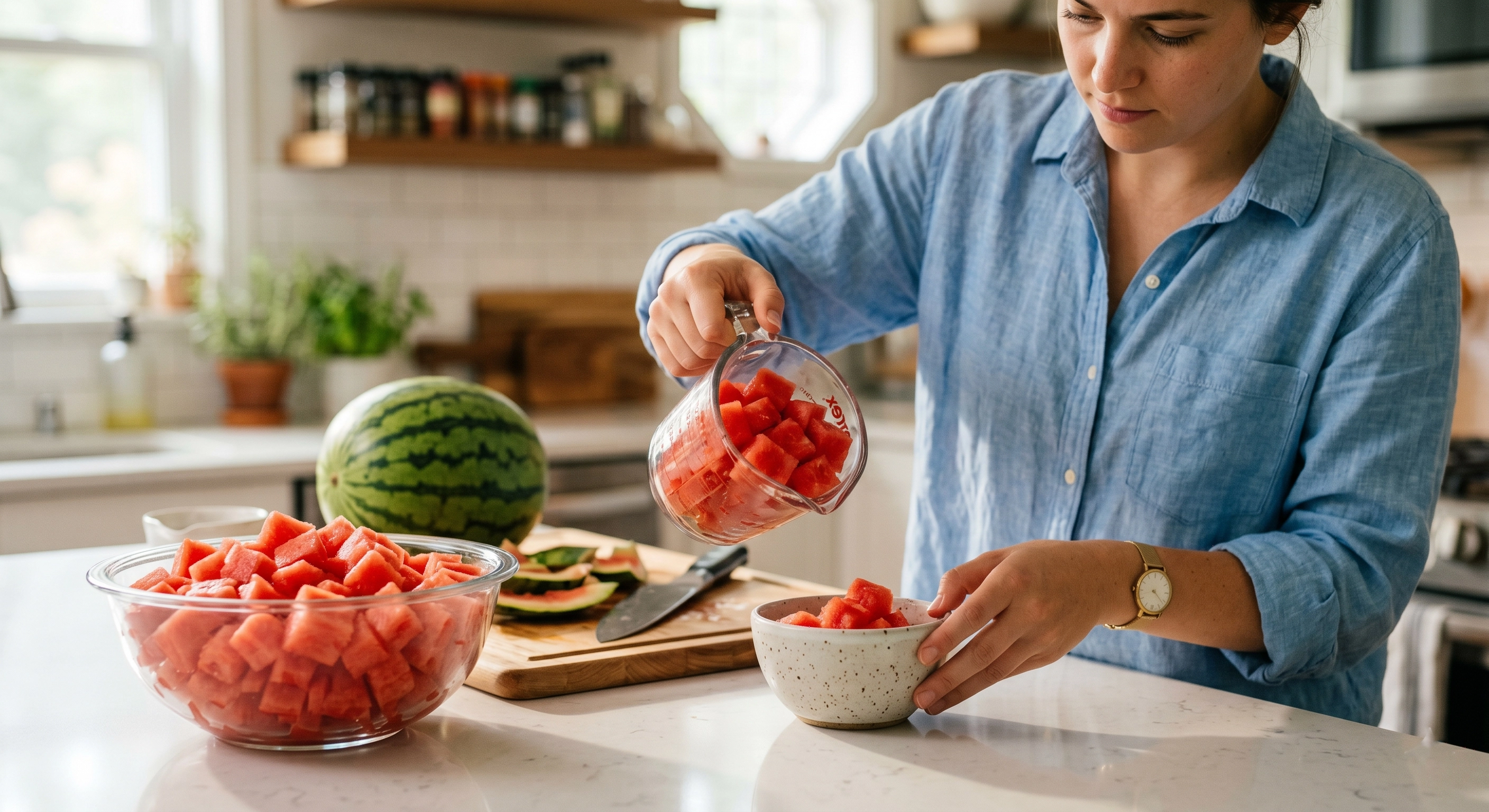 Person placing diced watermelon into a measured serving bowl