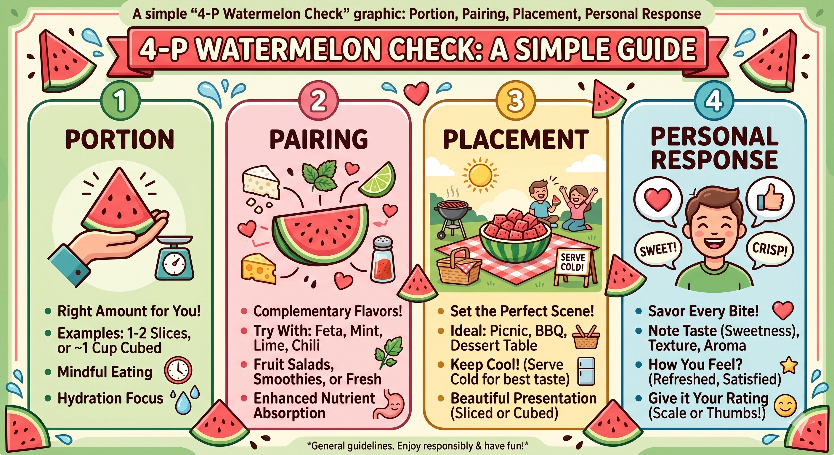 Graphic showing the 4-P Watermelon Check for blood sugar-conscious eating.