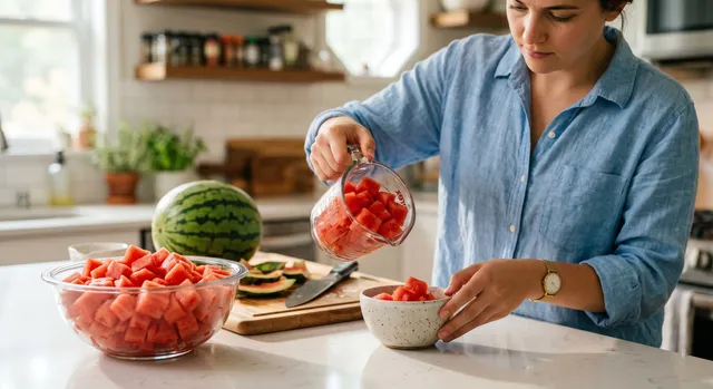 Person placing diced watermelon into a measured serving bowl