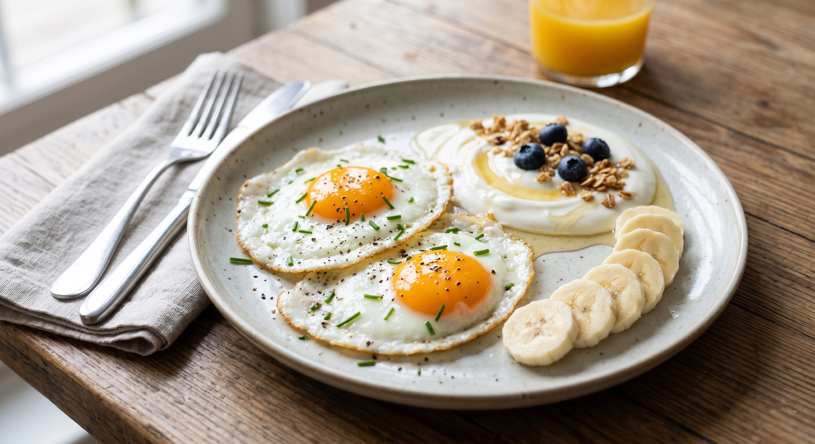 Balanced breakfast with eggs yogurt and banana slices