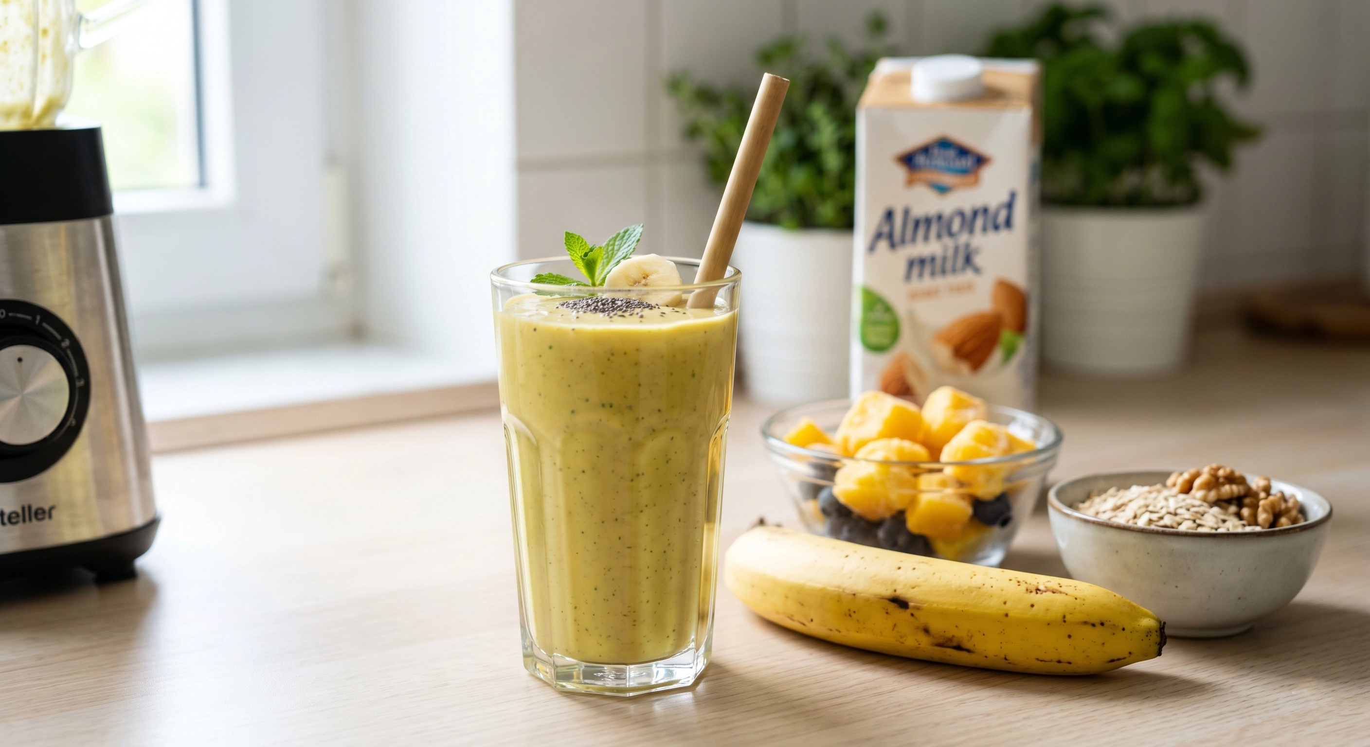 Banana smoothie ingredients showing fruit and added foods