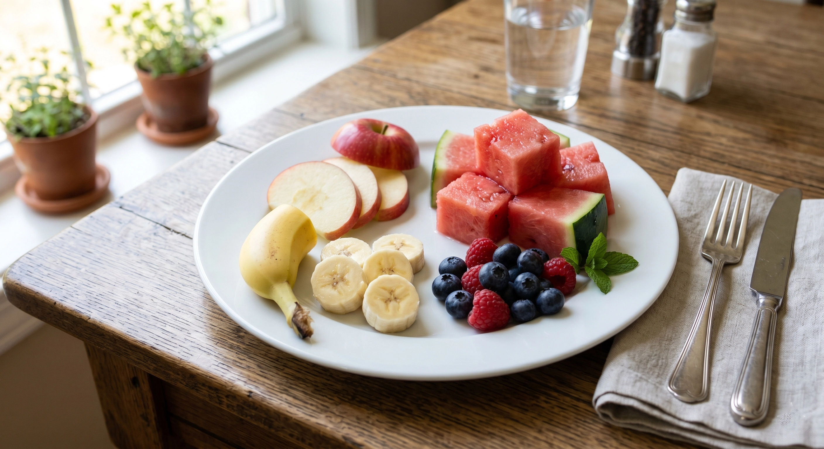Fruit plate with banana berries apple and watermelon for blood sugar choices