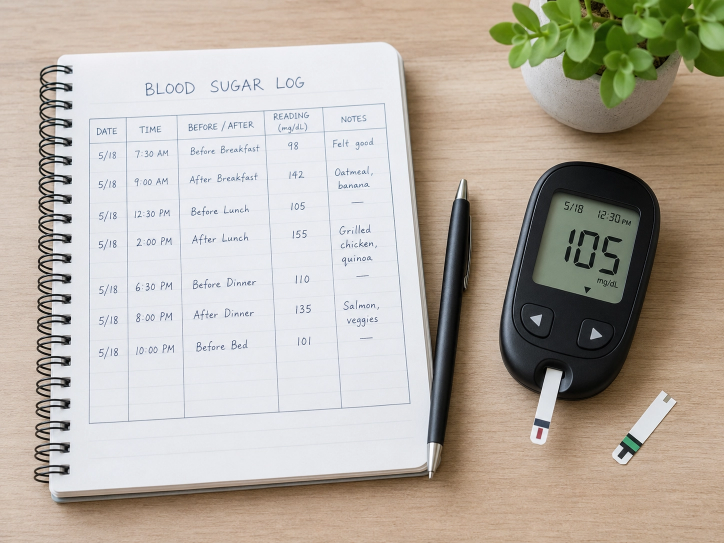 Notebook blood sugar log beside a glucose meter and pen