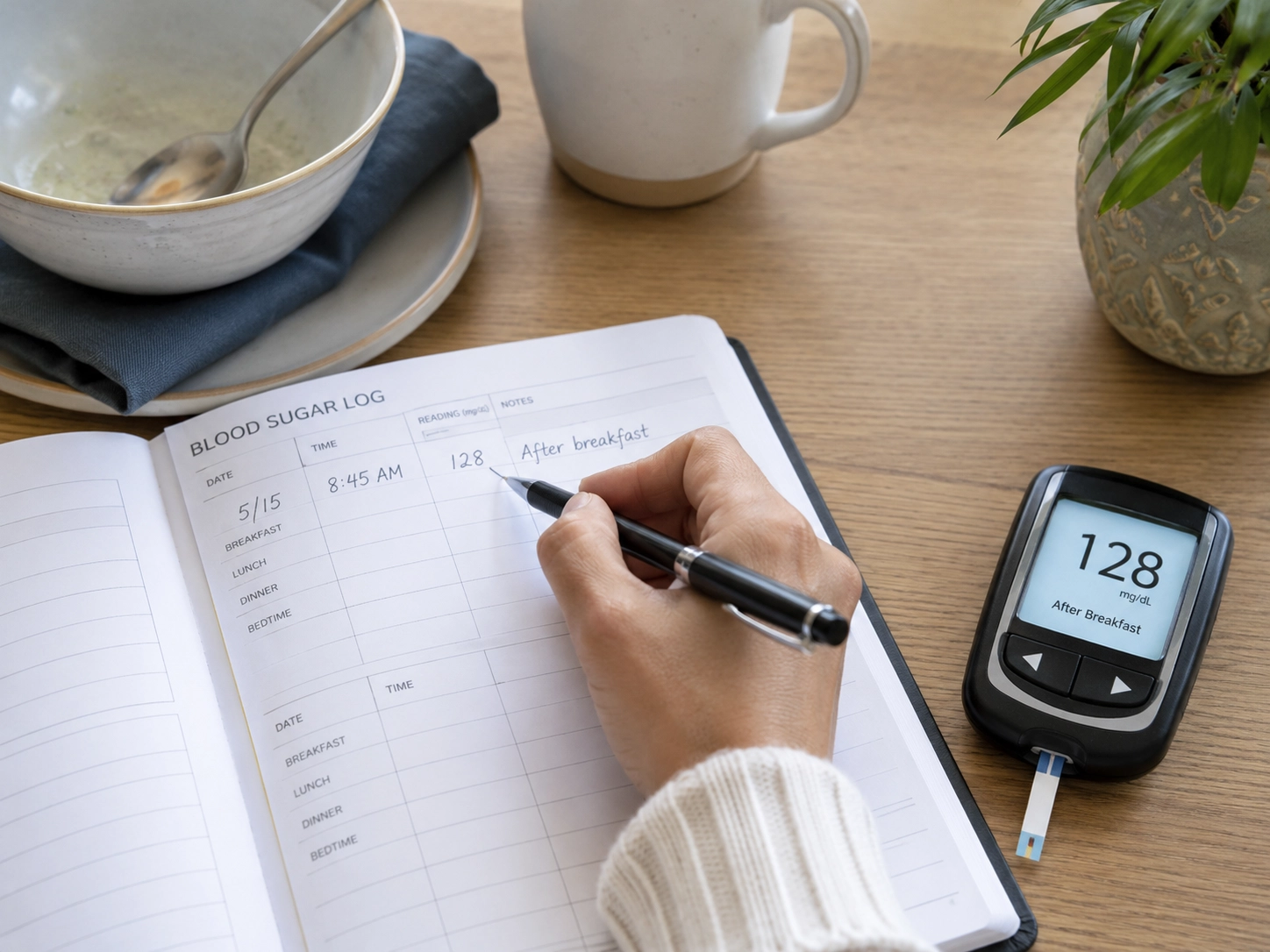 Person recording a blood sugar reading after breakfast