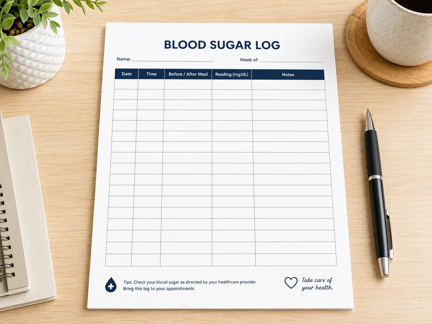 Printable blood sugar log template on a clean desk