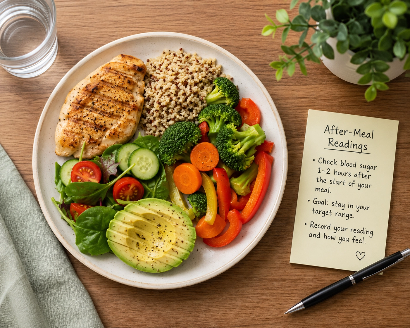 Balanced meal plate with notes for tracking blood sugar patterns