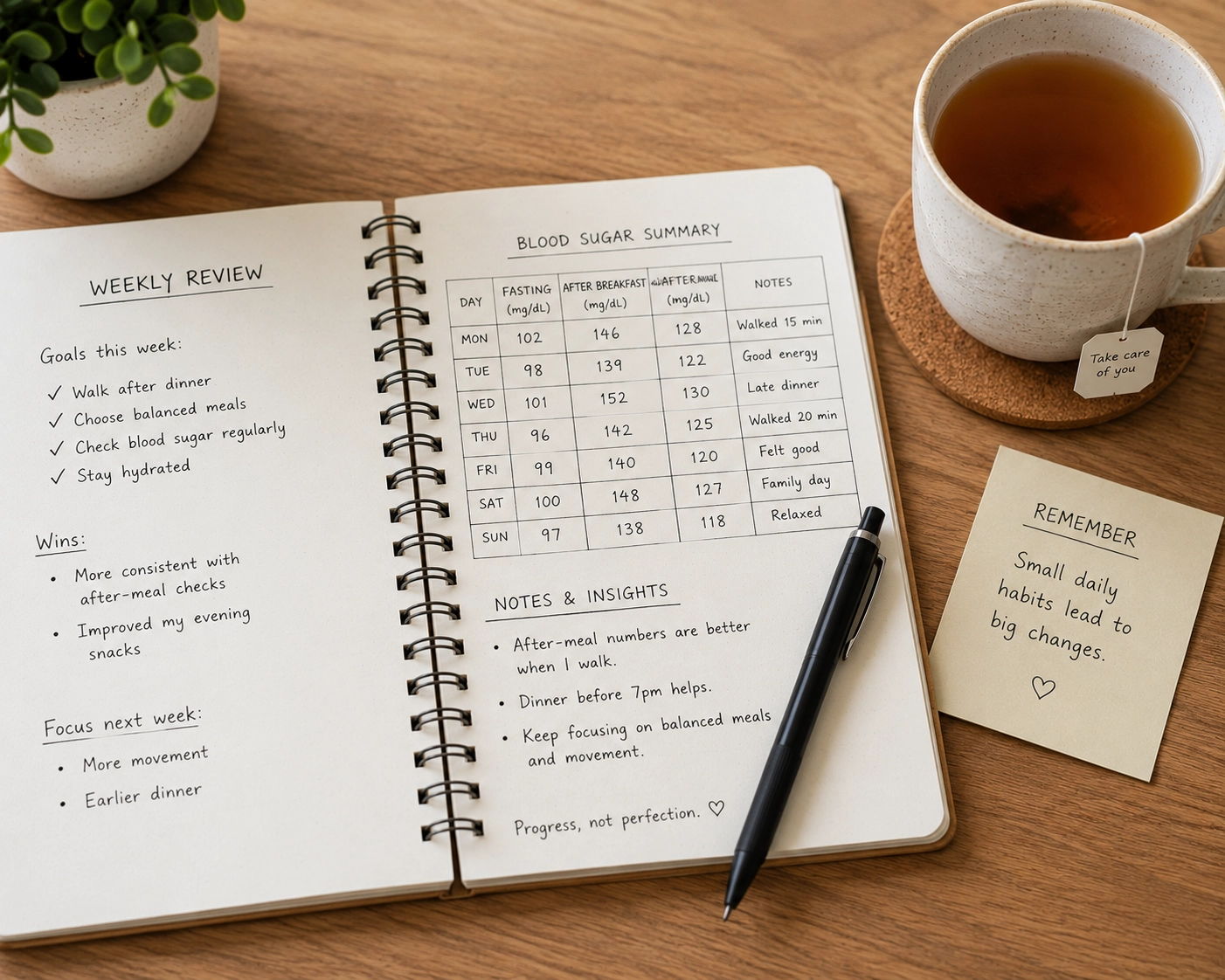 Weekly blood sugar log review with notebook and pen
