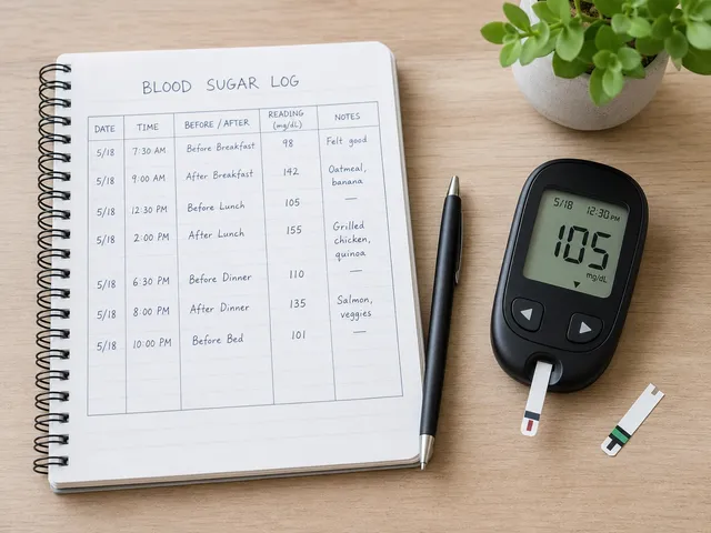 Notebook blood sugar log beside a glucose meter and pen