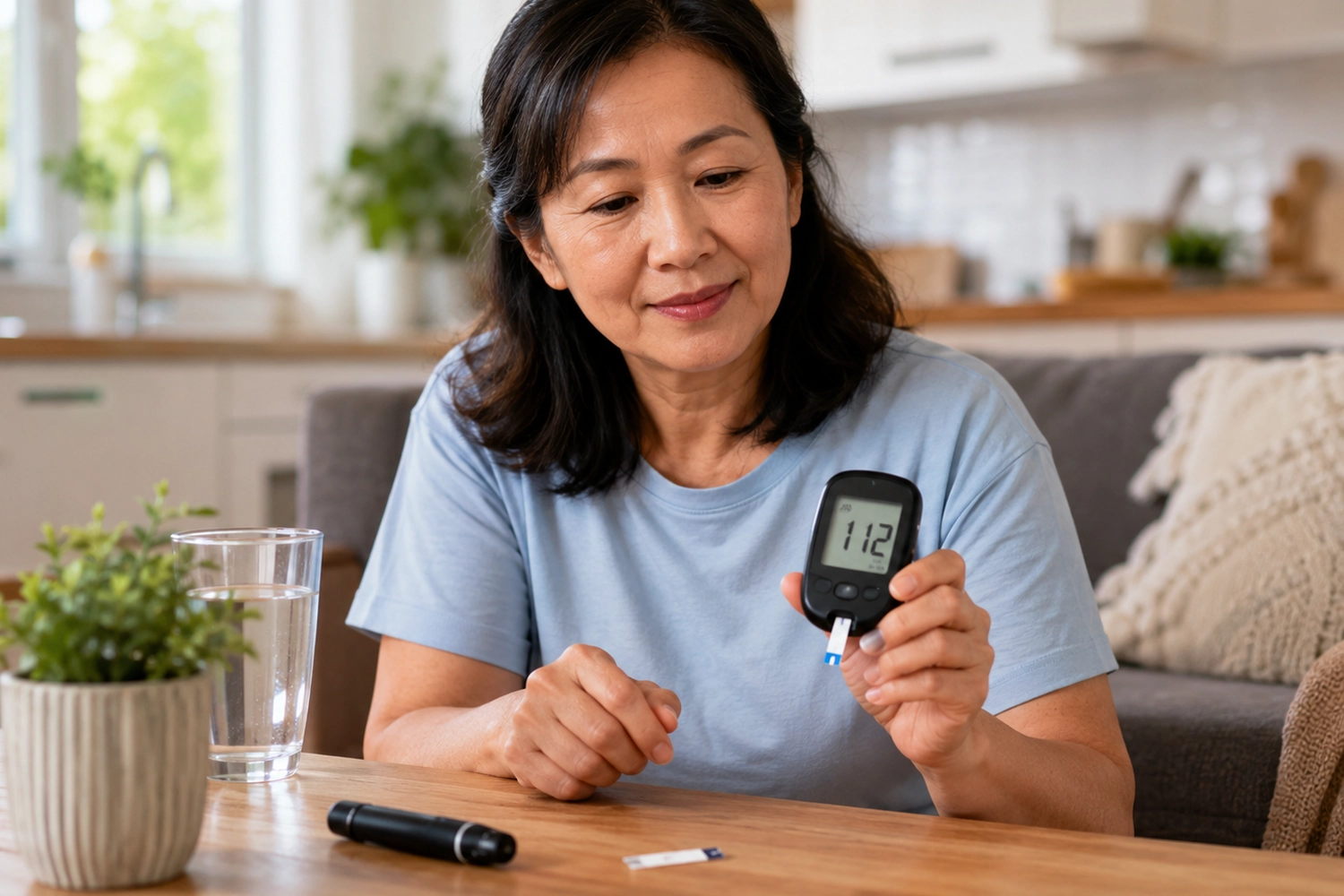 Person checking blood sugar at home with a glucose meter