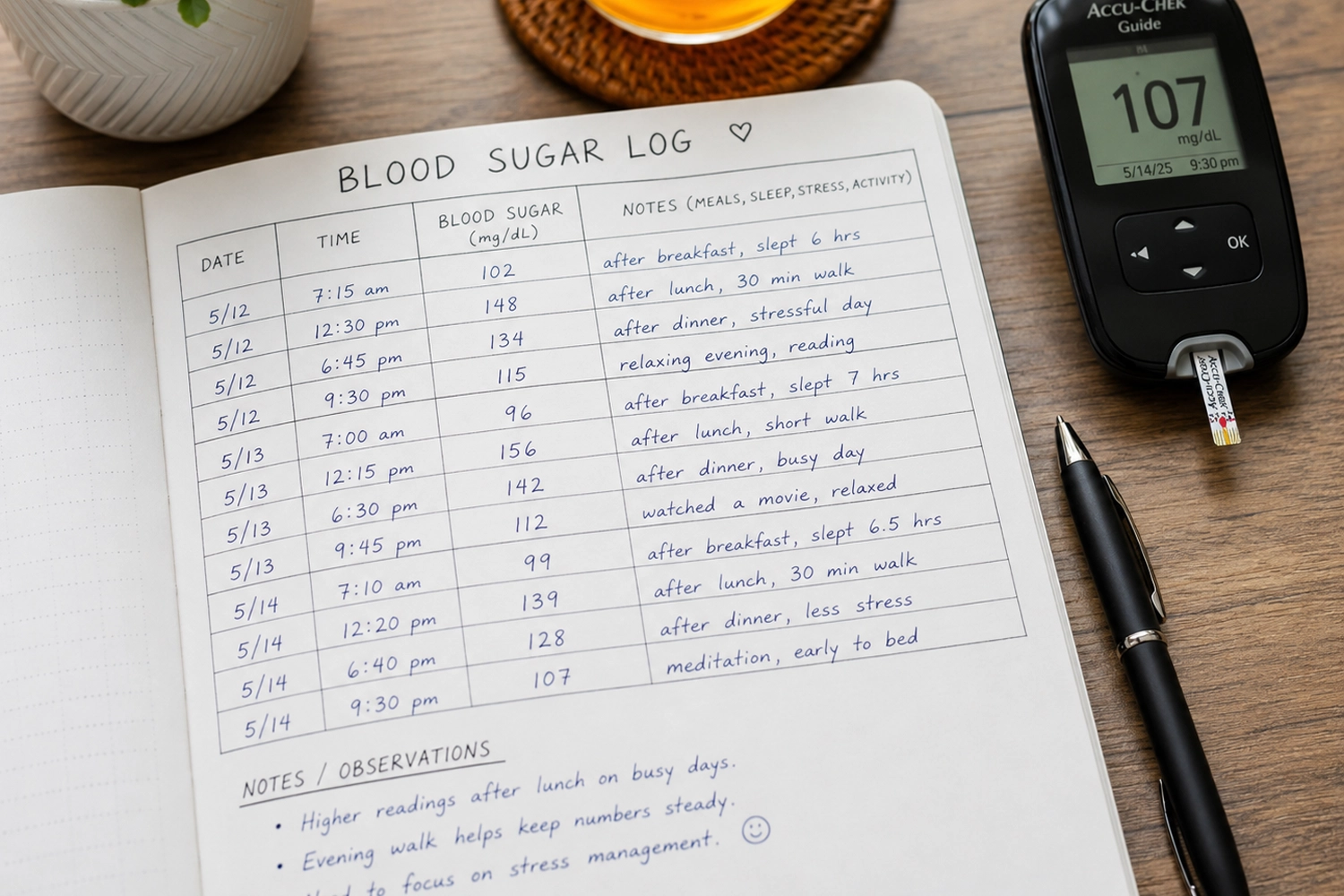 Blood sugar log with notes about meals, sleep, stress, and activity