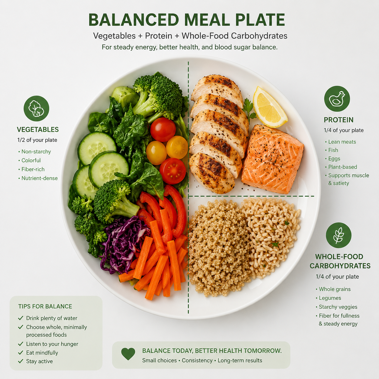 Balanced meal plate with vegetables, protein, and whole-food carbohydrates