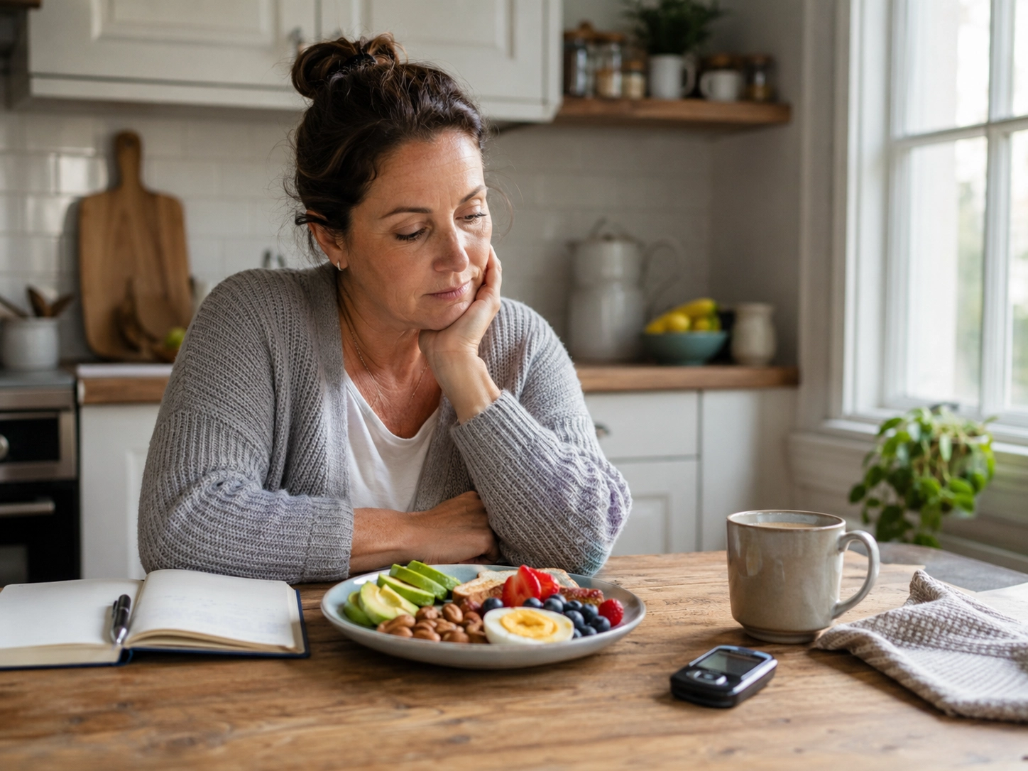 Person thinking about food choices while managing a daily blood sugar routine