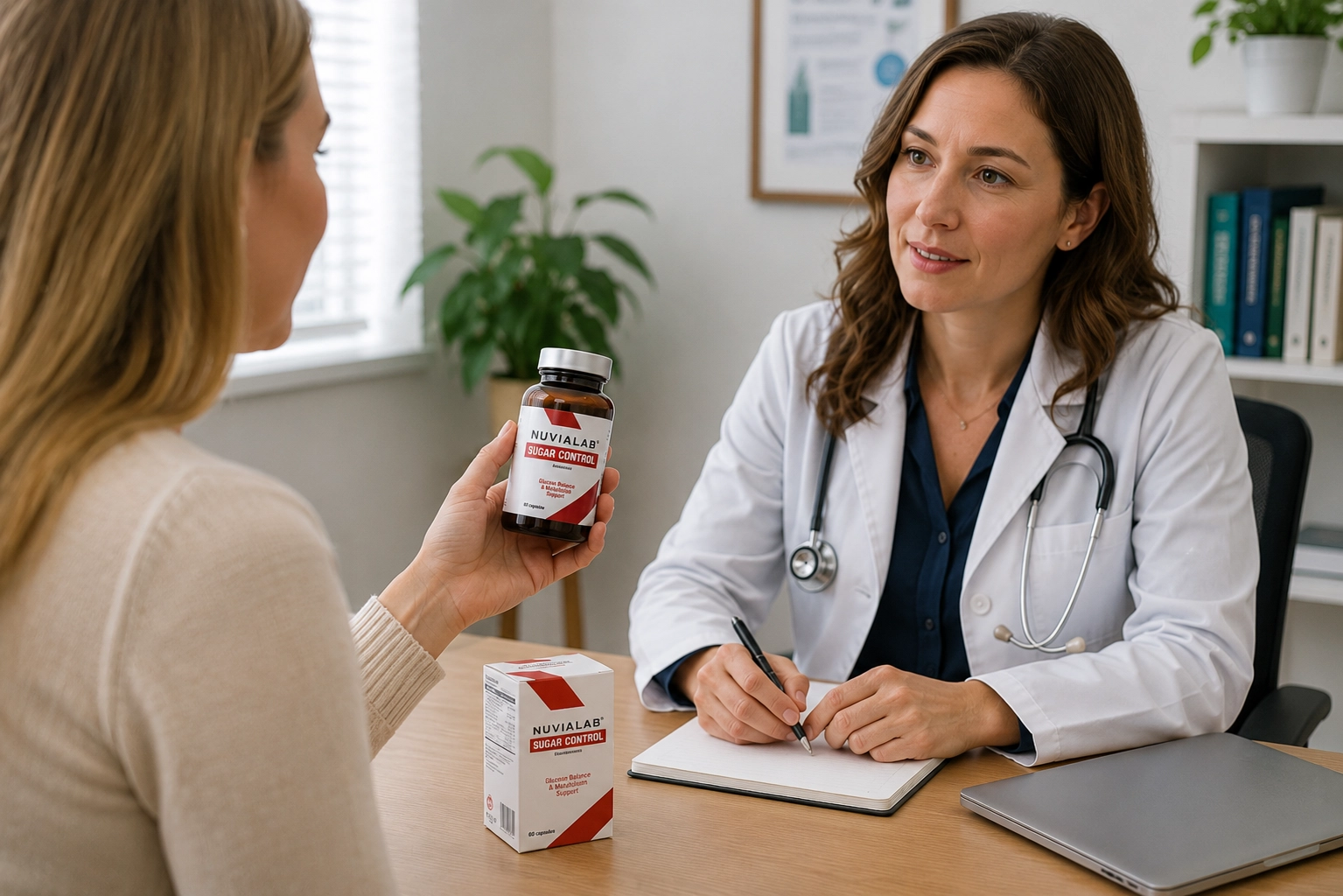 Adult discussing a dietary supplement and medication safety with a healthcare professional