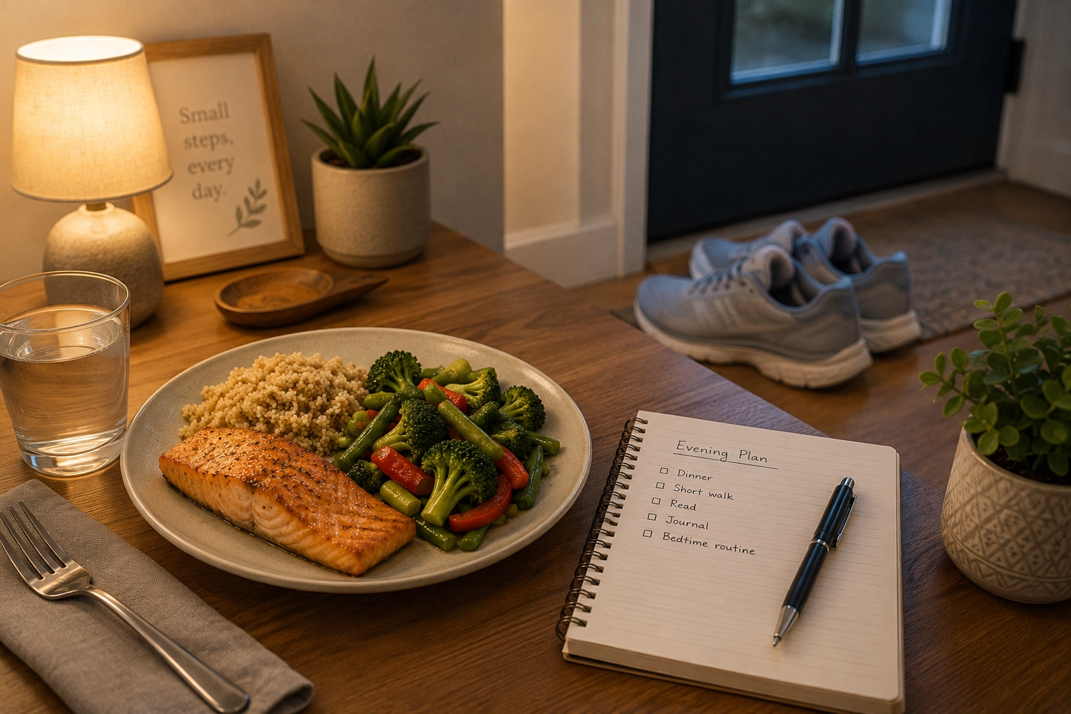 Balanced dinner, walking shoes, water, and a notebook for an evening wellness routine