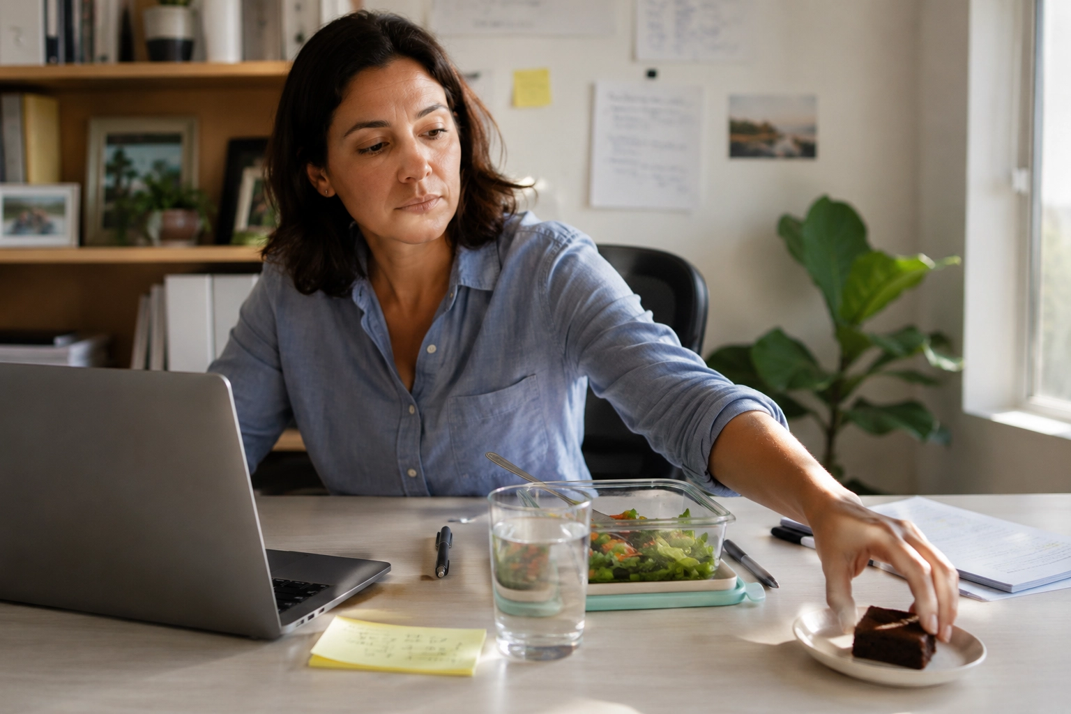 Tired office worker experiencing afternoon fatigue and a craving for something sweet