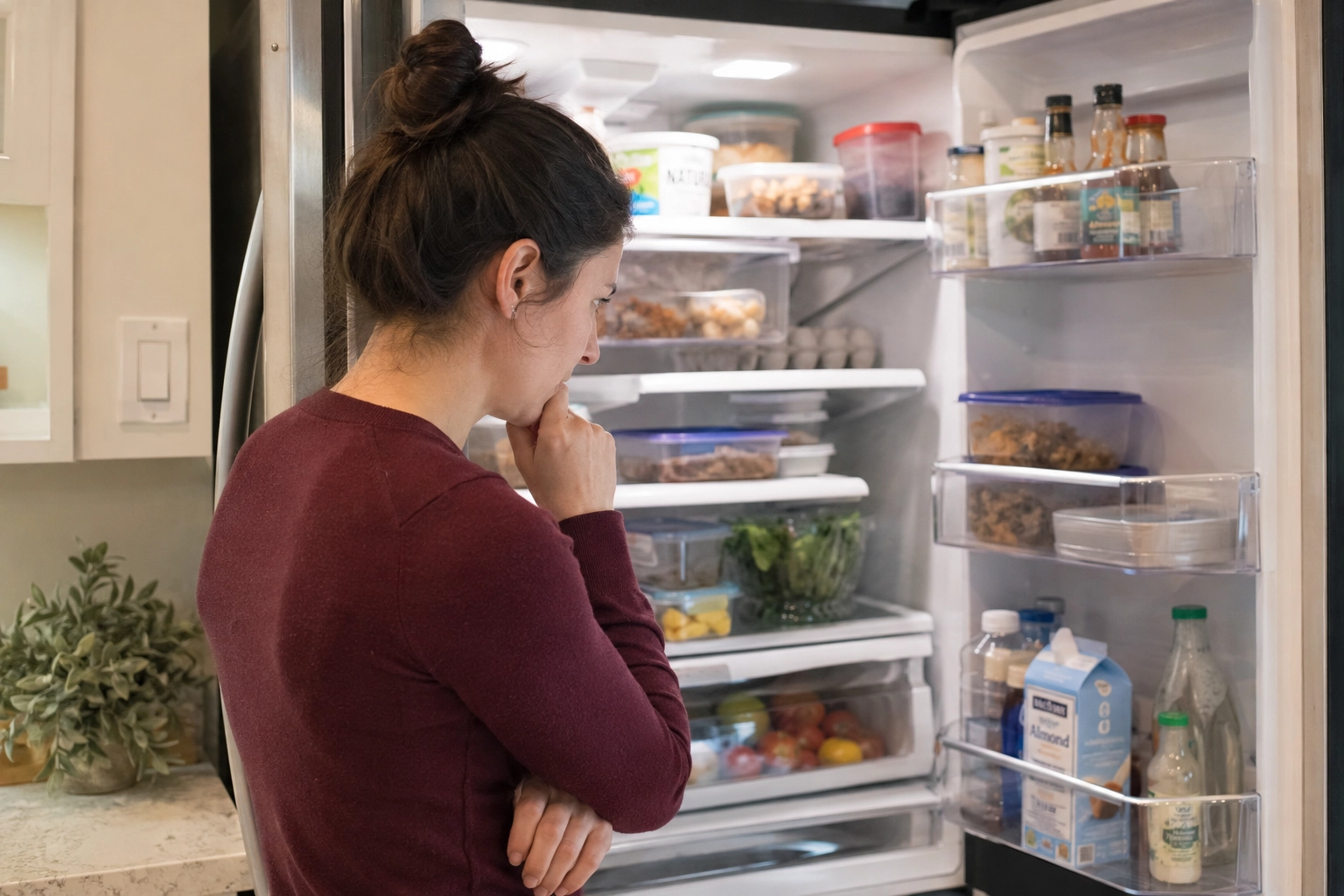 Person feeling uncertain while choosing food from a refrigerator