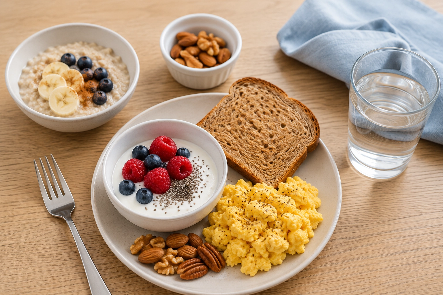 Simple balanced breakfast with protein, fiber-rich foods, fruit, and water
