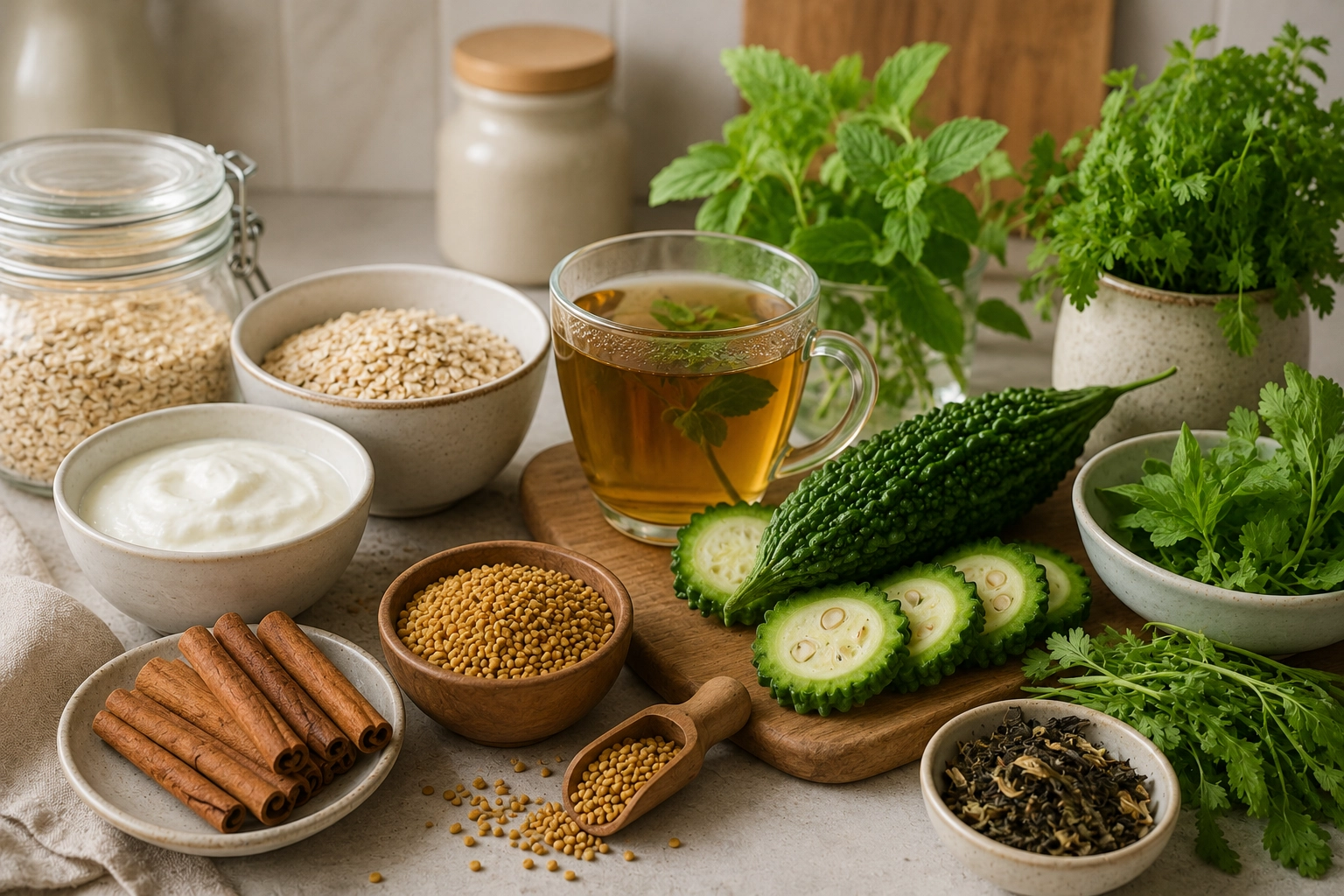 Cinnamon, fenugreek, bitter melon, herbal tea, and herbs used with everyday foods