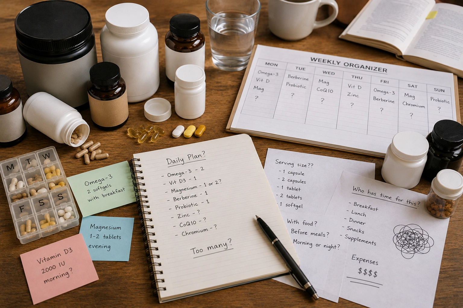 Several supplement bottles and serving instructions creating a complicated routine