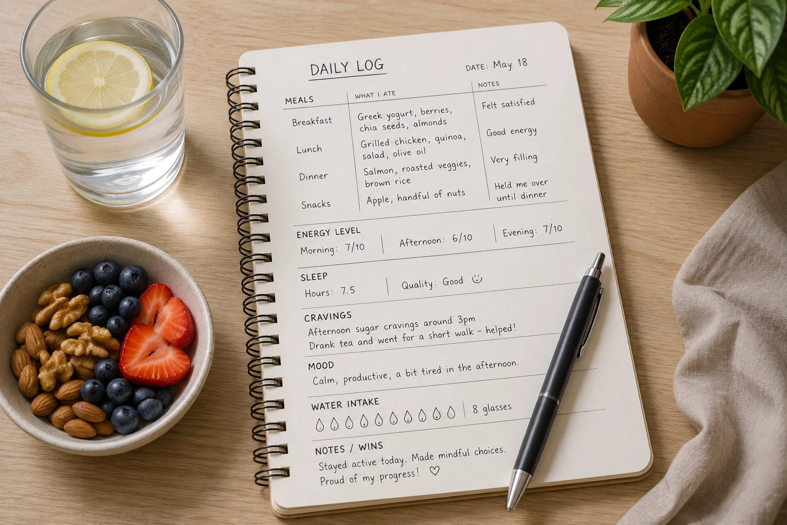 Notebook used to track meals, energy levels, sleep, and food cravings