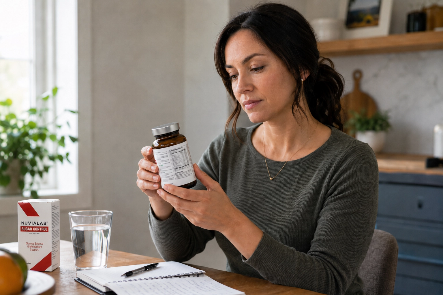 Person carefully reviewing supplement ingredients, directions, and warnings
