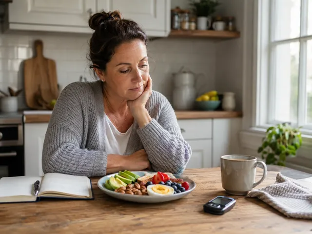 Person thinking about food choices while managing a daily blood sugar routine