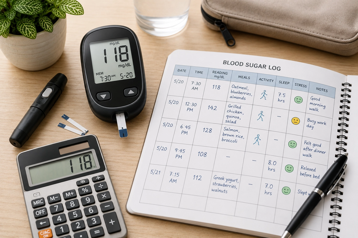 Glucose meter, calculator, and blood sugar logbook on a desk