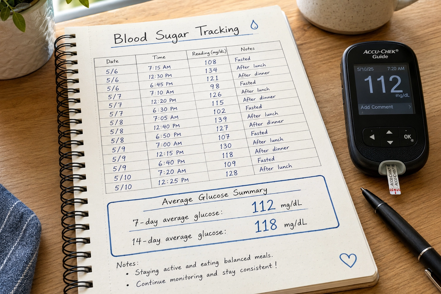 Blood sugar tracking notebook with average glucose readings