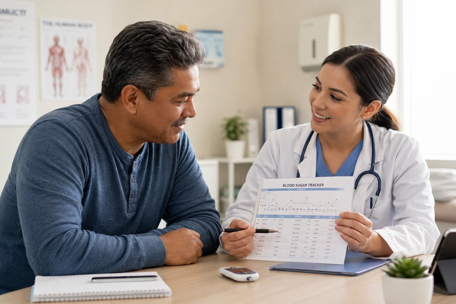 Patient discussing blood sugar results with a healthcare professional