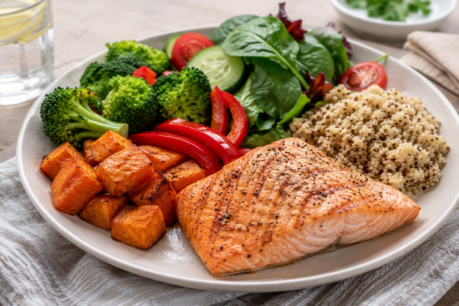 Balanced meal plate with vegetables, protein, and whole food carbohydrates for blood sugar support
