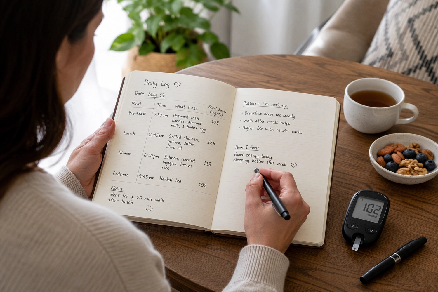 Person tracking meals and blood sugar patterns in a simple notebook