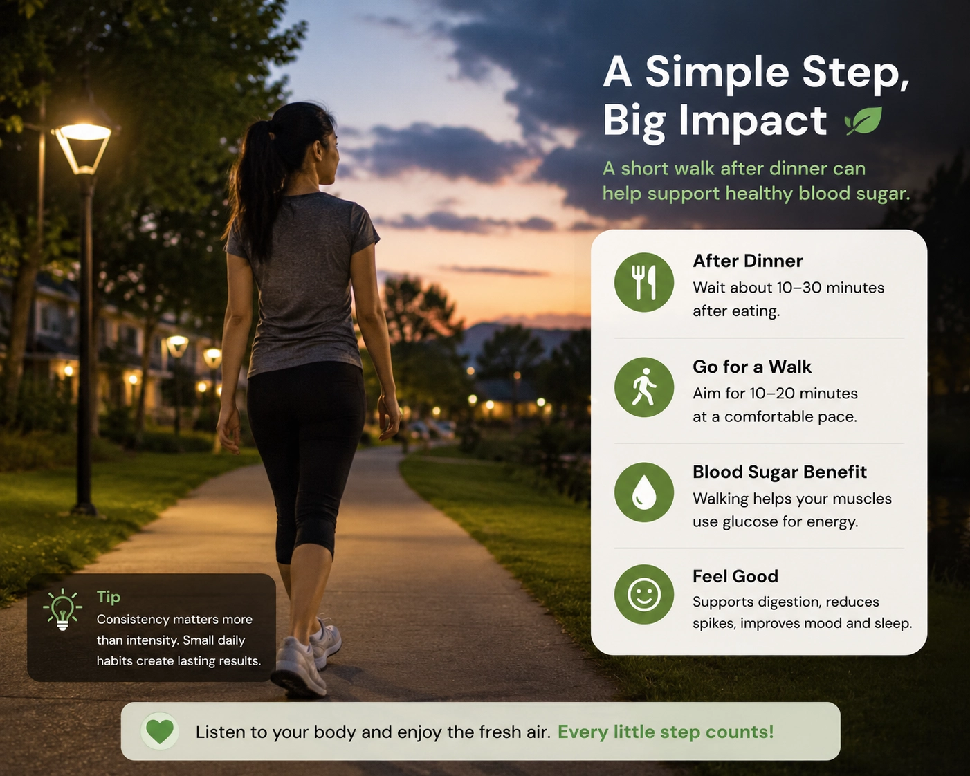 Person walking outside after dinner as part of a healthy blood sugar routine
