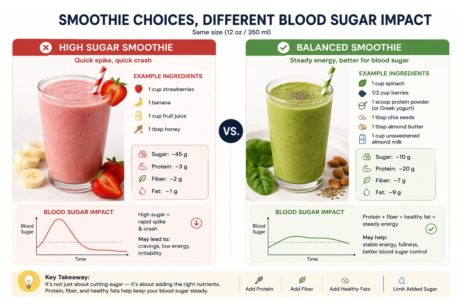 Comparison of a high sugar smoothie and a balanced smoothie with protein and fiber