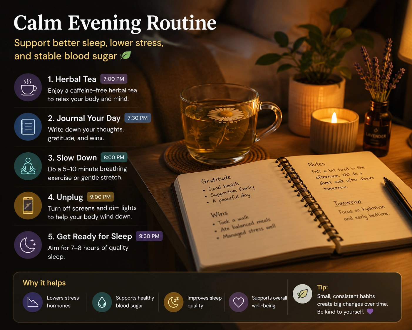 Calm evening routine with herbal tea and a journal to support sleep and stress habits