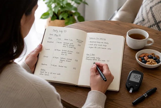 Person tracking meals and blood sugar patterns in a simple notebook