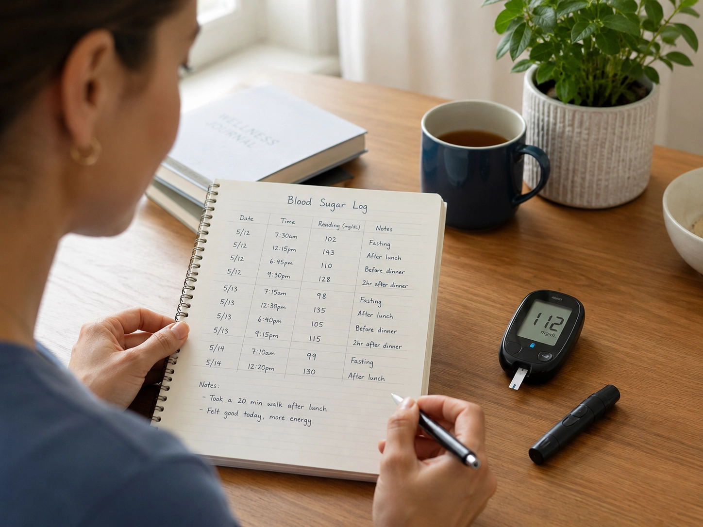 Person reviewing blood sugar notes for everyday glucose tracking
