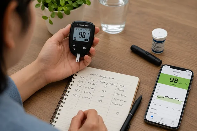 Person checking a glucose meter and recording blood sugar readings