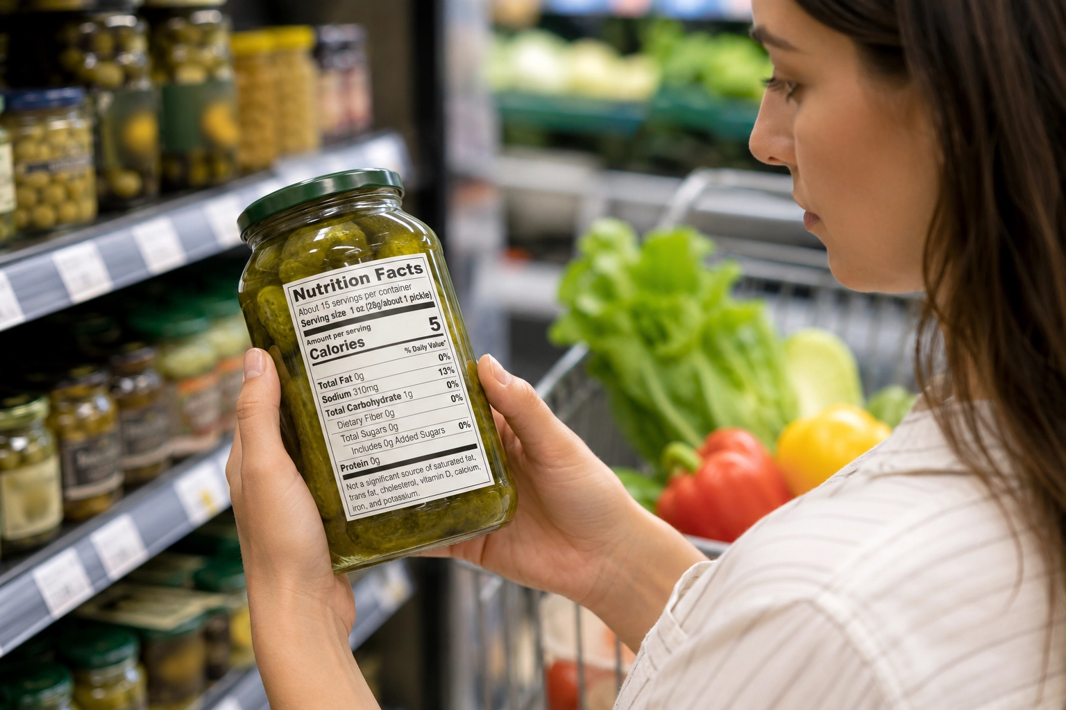 Person checking sodium, carbohydrates, and added sugar on a pickle nutrition label